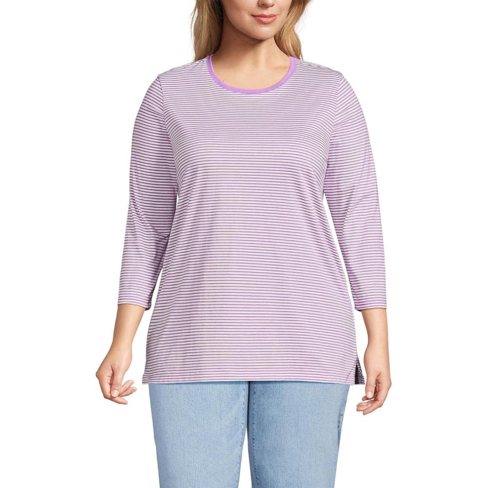imageLands End Womens 34 Sleeve Supima Cotton Crewneck TunicSoft Orchid Micro Stripe