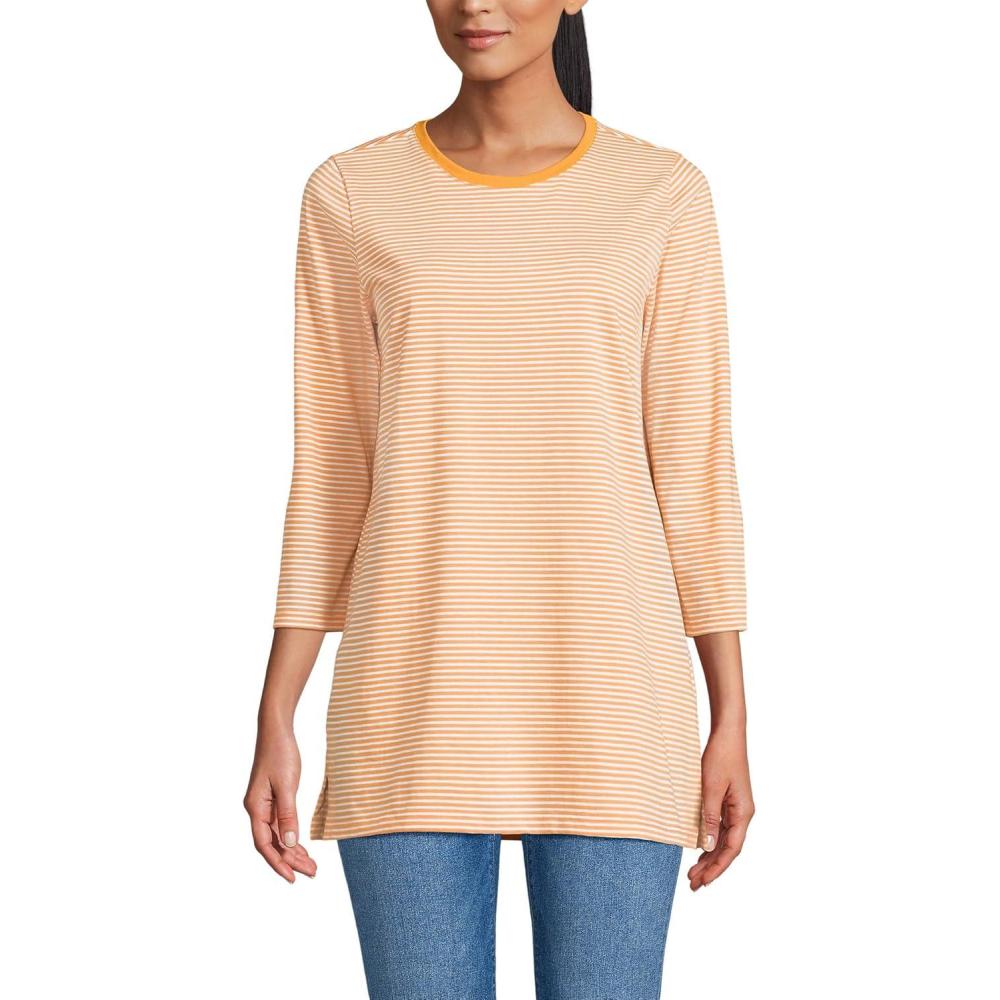 imageLands End Womens 34 Sleeve Supima Cotton Crewneck TunicSweet Mango Micro Stripe