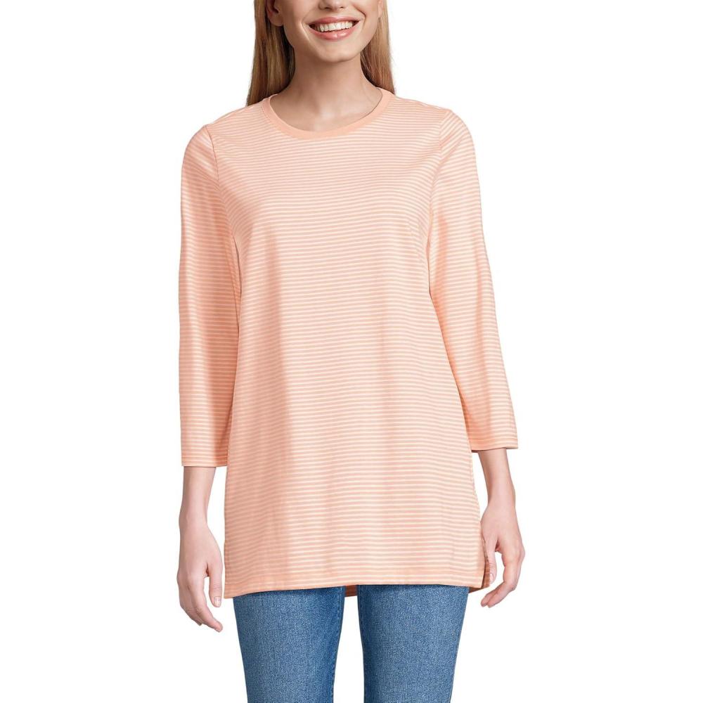 imageLands End Womens 34 Sleeve Supima Cotton Crewneck TunicTinted Peach Micro Stripe