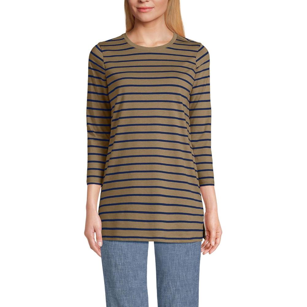 imageLands End Womens 34 Sleeve Supima Cotton Crewneck TunicToasted Rye Breton Stripe