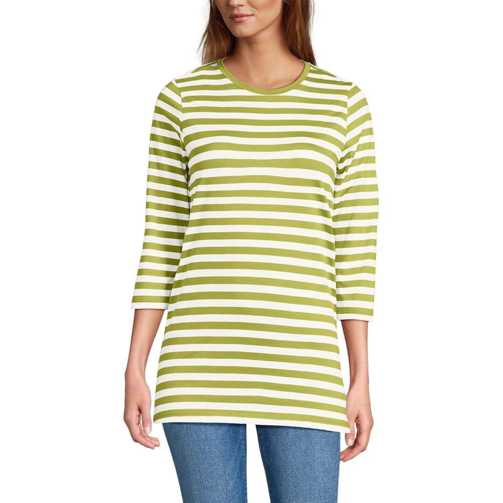 imageLands End Womens 34 Sleeve Supima Cotton Crewneck TunicVintage Lime Even Stripe