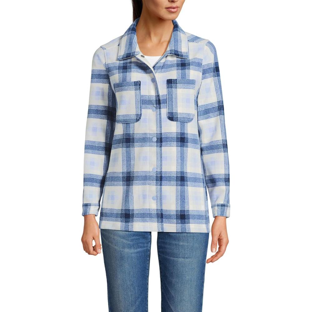 imageLands End Womens Anyweather Fleece Shirt JacketDeep Sea NavyCornflower Plaid