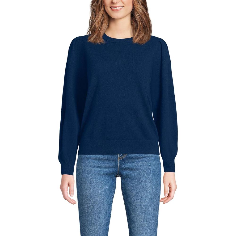 imageLands End Womens Cashmere Puff Sleeve Crew Neck SweaterDeep Sea Navy