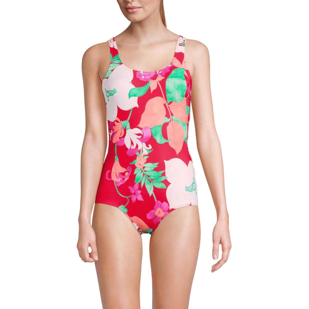 imageLands End Womens Chlorine Resistant Soft Cup Tugless Sporty One Piece SwimsuitCoral Rose Lilies