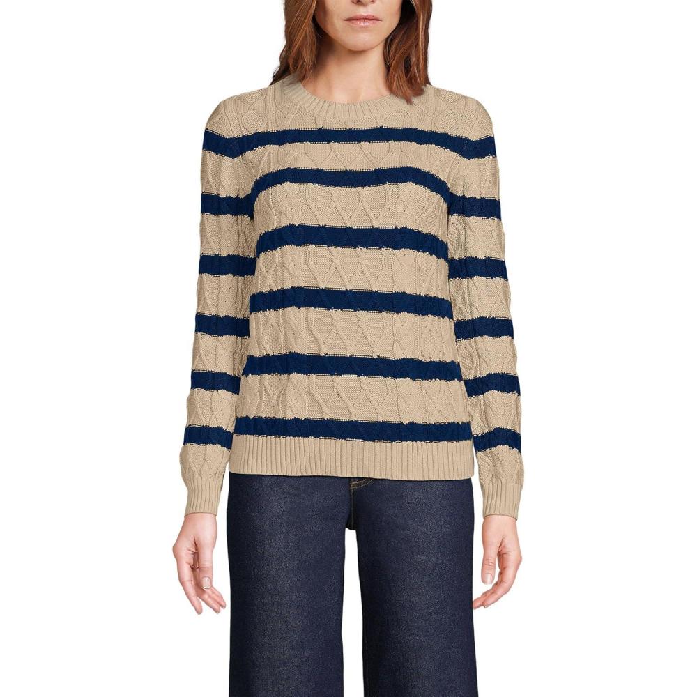 imageLands End Womens Cotton Drifter Crew Cable Pullover SweaterChampagneDeep Sea Gulf Stripe