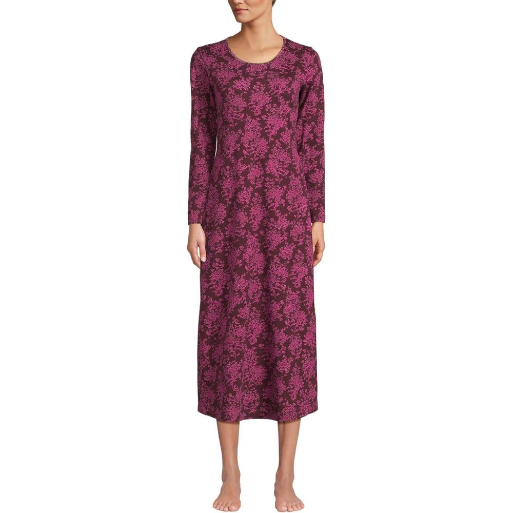 imageLands End Womens Cotton Long Sleeve Midcalf NightgownBurgundy Ikat Floral