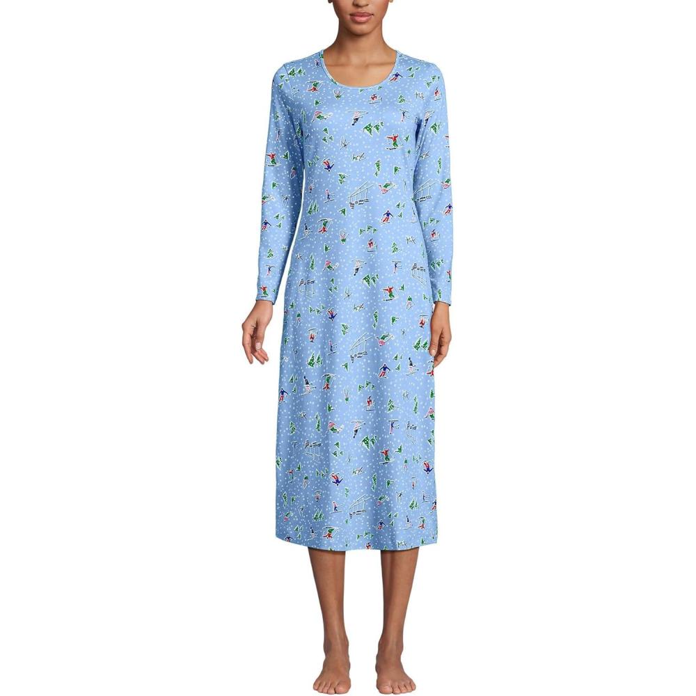 imageLands End Womens Cotton Long Sleeve Midcalf NightgownClear Blue Sky Skiers