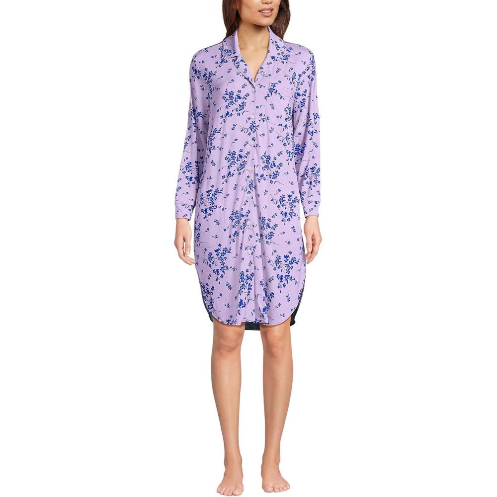 imageLands End Womens Cotton Poplin Long Sleeve Sleepshirt NightgownLilac Petal Snow Drop Floral
