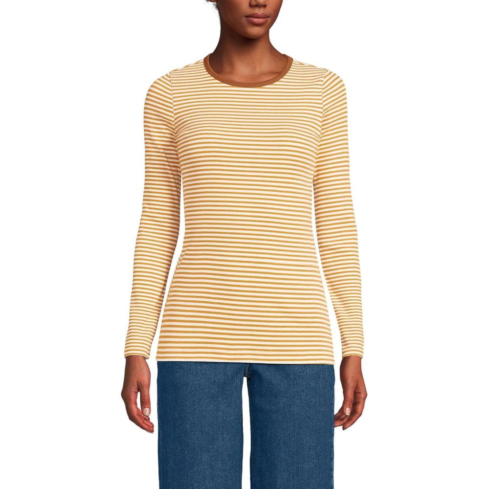 imageLands End Womens Cotton Rib Knit TShirtDijon Gold Tiny Stripe