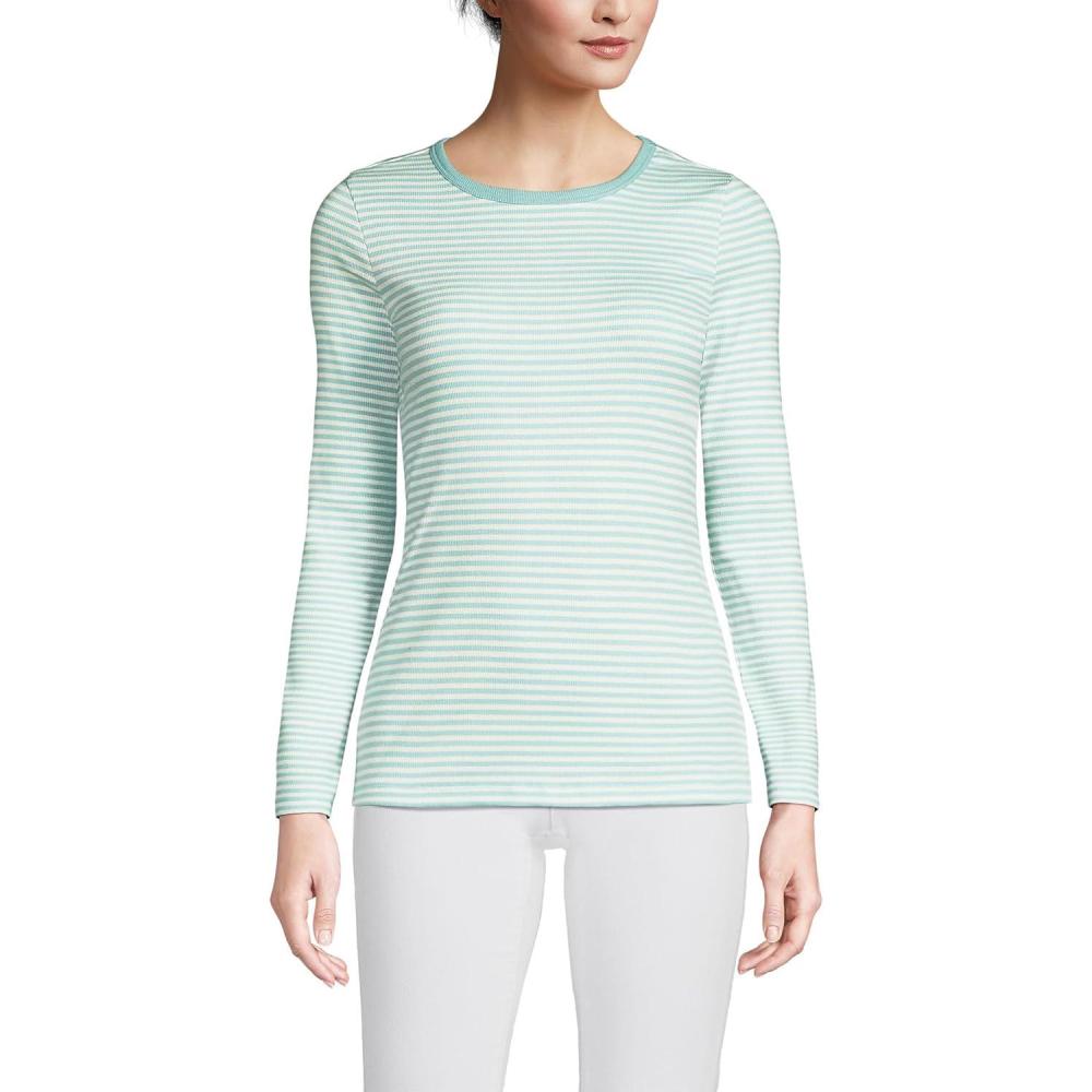 imageLands End Womens Cotton Rib Knit TShirtMisty Aqua Mini Stripe