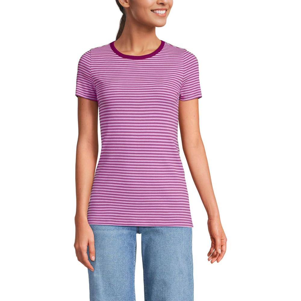 imageLands End Womens Cotton Rib Knit TShirtRaspberryPink Tiny Stripe