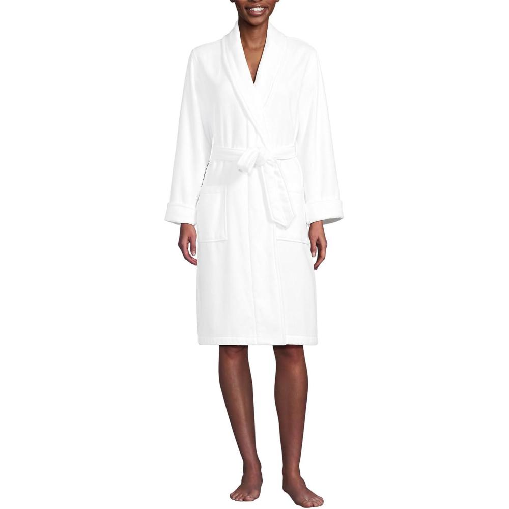 imageLands End Womens Cotton Terry Knee Length Spa Bath RobeWhite