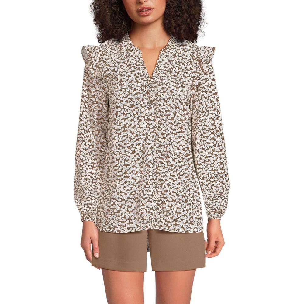 imageLands End Womens Cotton Voille Ruffle Front BlouseHoney Beige Tossed Blooms