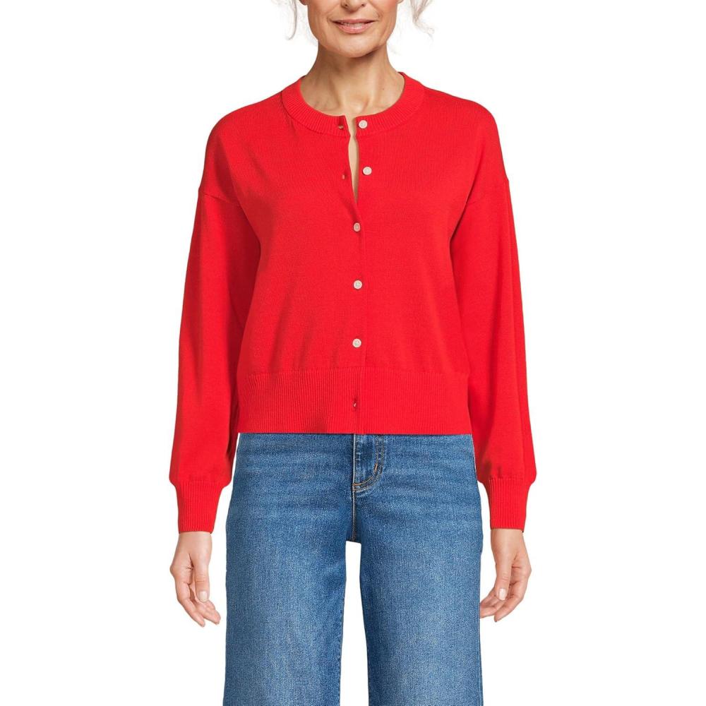 imageLands End Womens Cropped Fine Gauge Crew Neck Cardigan SweaterCoral Red