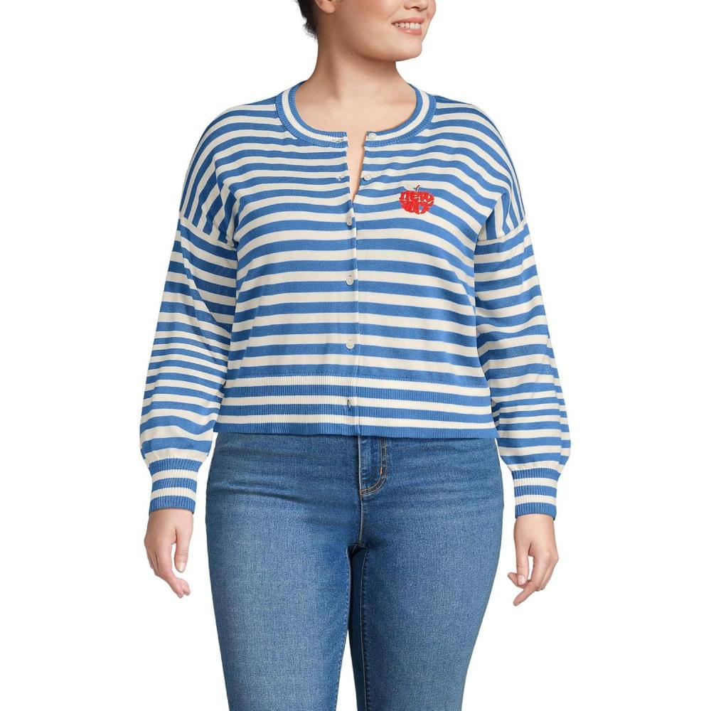 imageLands End Womens Cropped Fine Gauge Crew Neck Cardigan SweaterMuted Cobalt BlueIvory Breton