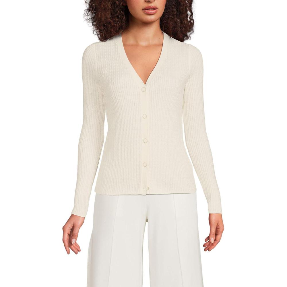 imageLands End Womens Drifter Baby Cable Vneck Cardigan SweaterFresh Ivory