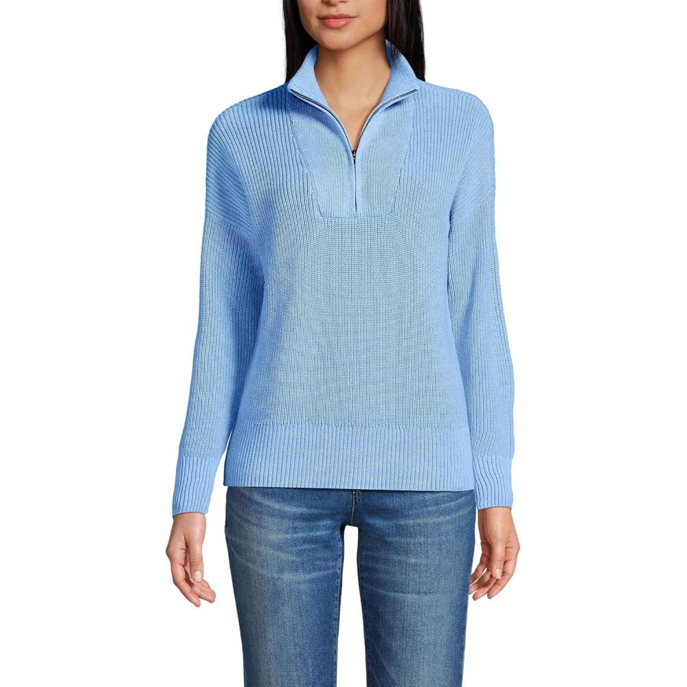 imageLands End Womens Drifter Cotton Quarter Zip Pullover SweaterBlue