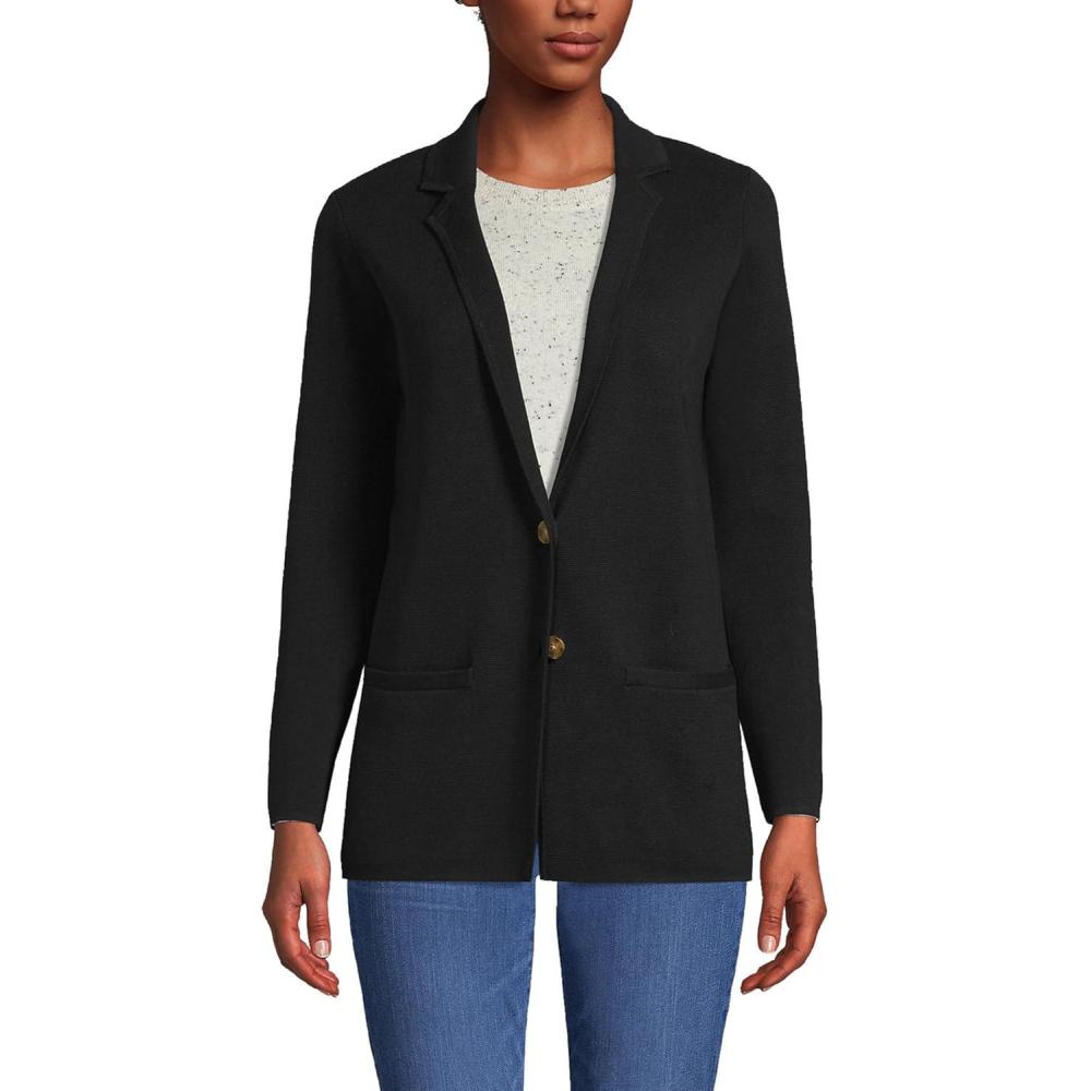 imageLands End Womens Fine Gauge Cotton Button Front Blazer SweaterBlack
