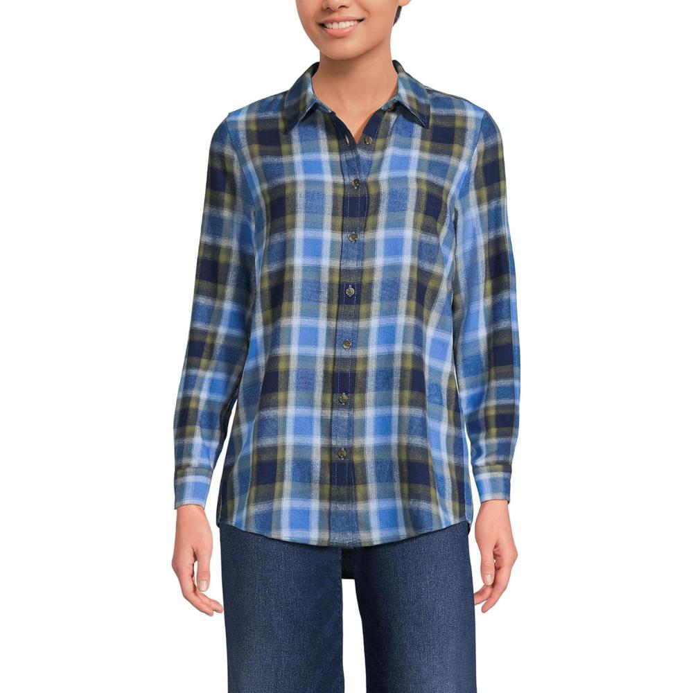 imageLands End Womens Flannel Boyfriend Fit Long Sleeve ShirtBlue Vintage Plaid