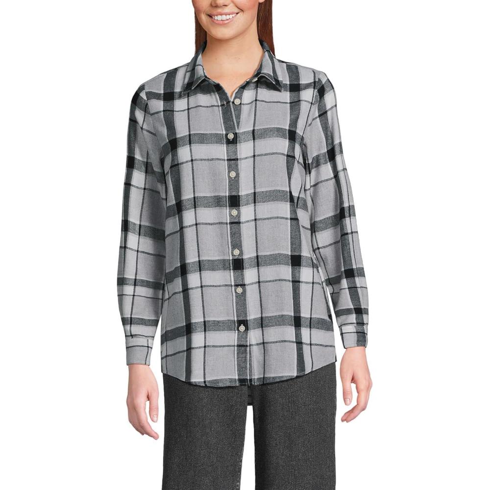 imageLands End Womens Flannel Boyfriend Fit Long Sleeve ShirtGrayBlack Large Plaid