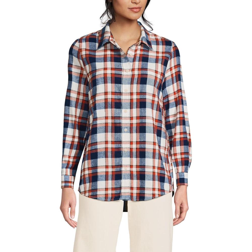 imageLands End Womens Flannel Boyfriend Fit Long Sleeve ShirtNavyBourbon Plaid