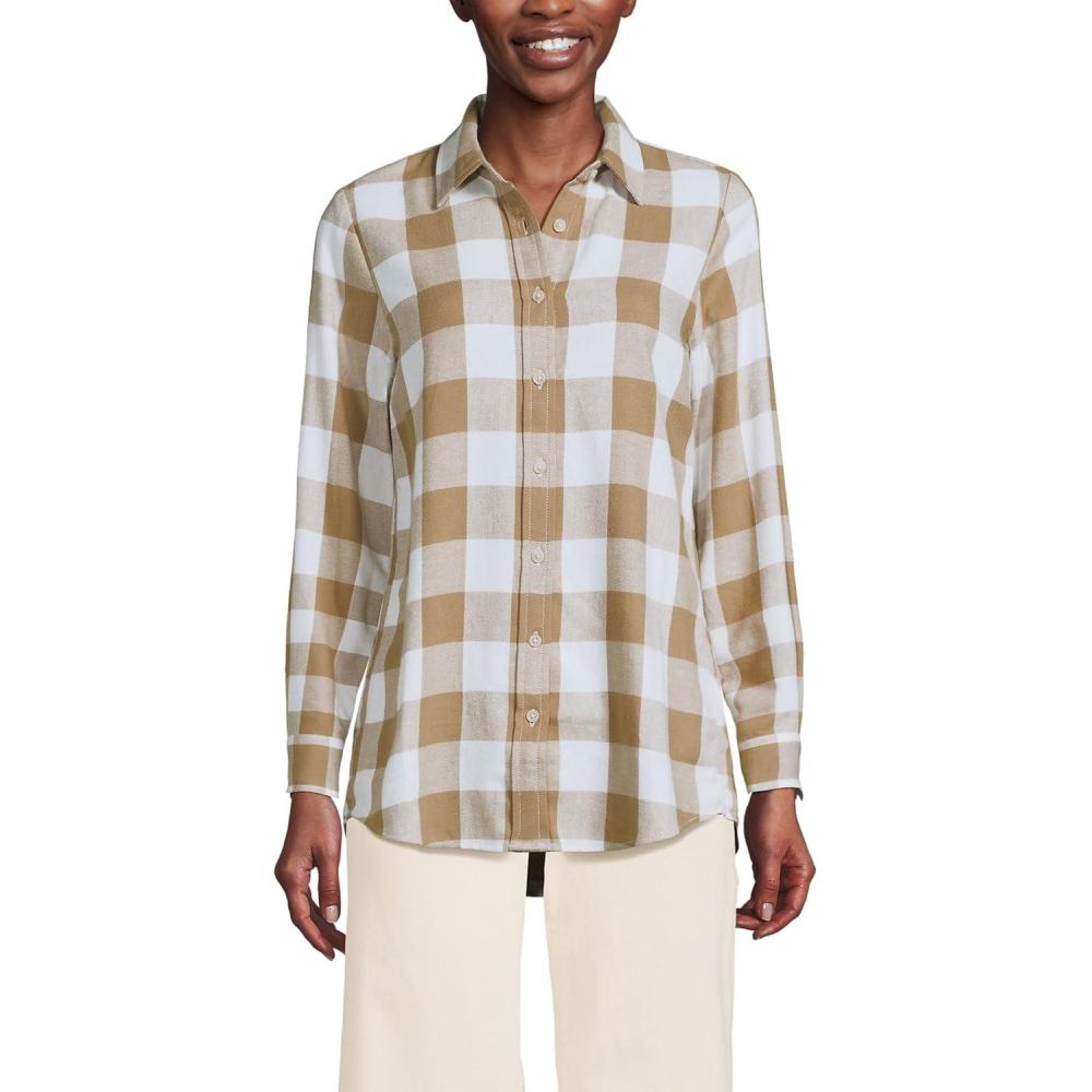 imageLands End Womens Flannel Boyfriend Fit Long Sleeve ShirtRich Camel Buffalo Check