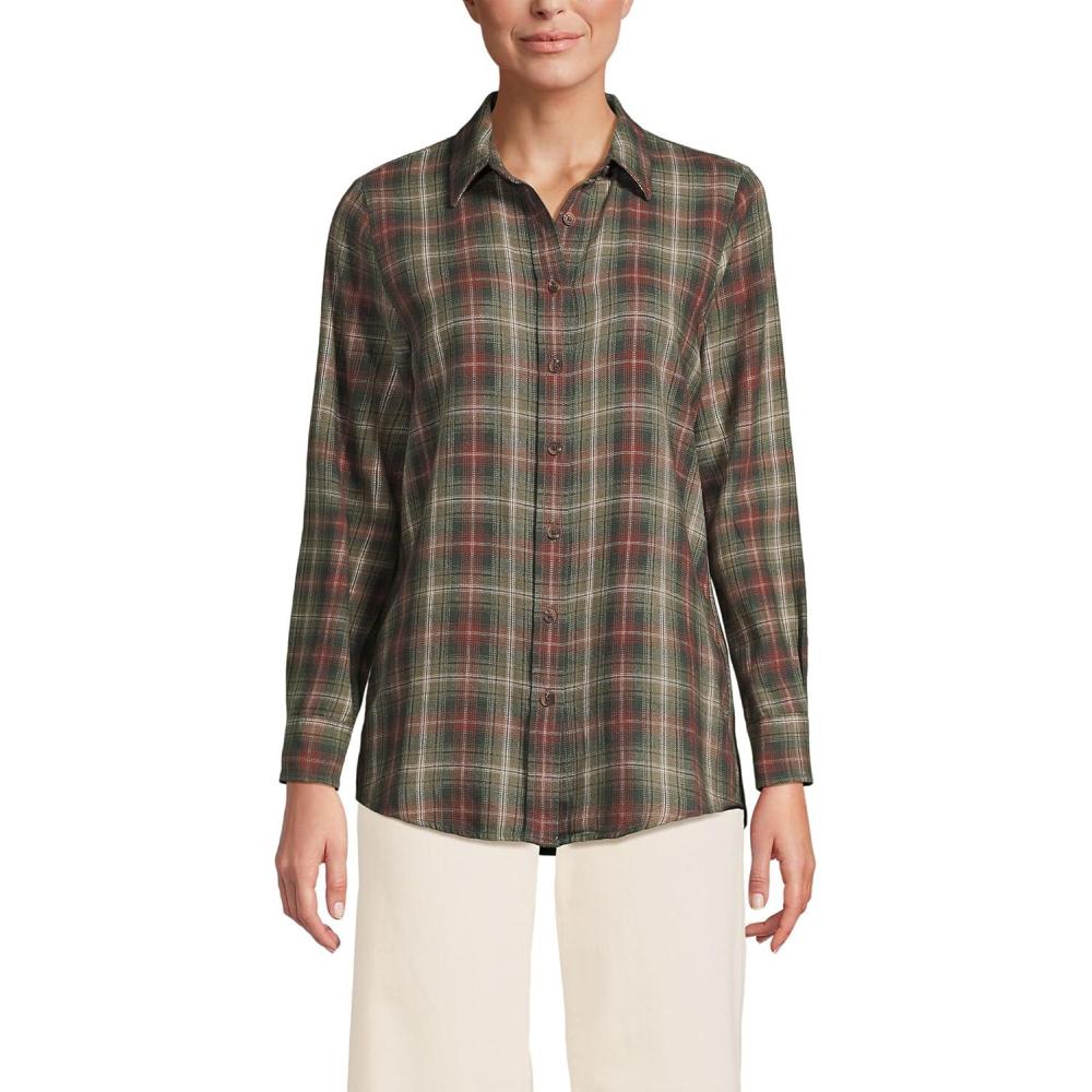 imageLands End Womens Flannel Boyfriend Fit Long Sleeve ShirtSunwashed Olive Multi Plaid