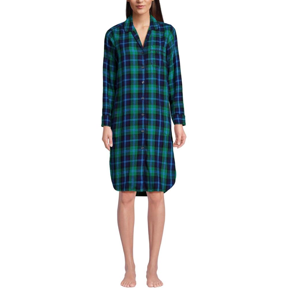 imageLands End Womens Flannel Long Sleeve Sleepshirt NightgownLight Emerald Blackwatch