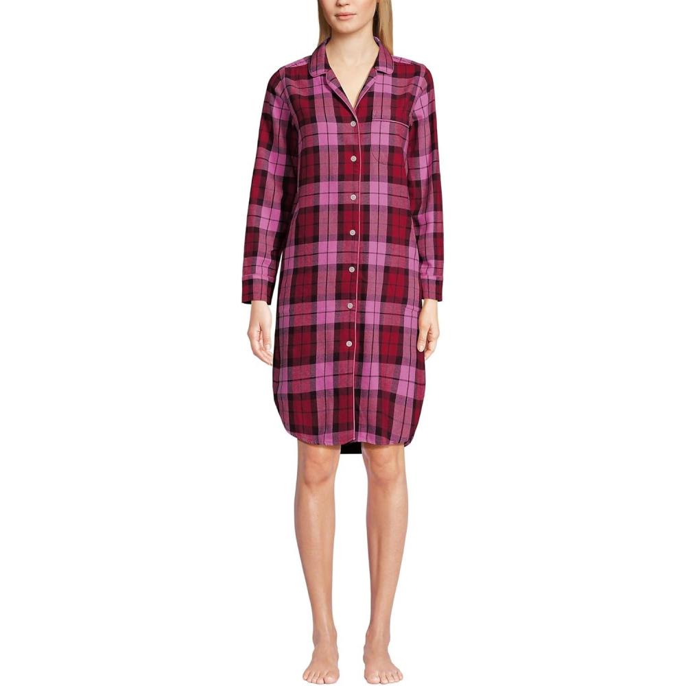 imageLands End Womens Flannel Long Sleeve Sleepshirt NightgownVibrant RedAurora Pink Plaid