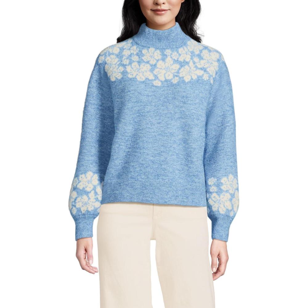 imageLands End Womens Fuzzy Turtleneck Lantern Sleeve Jacquard SweaterClear Blue Sky Heather