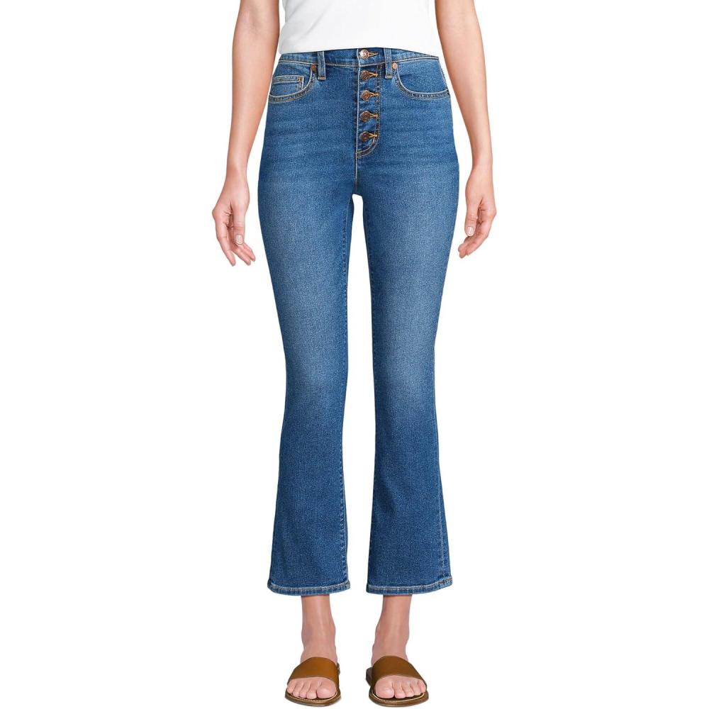 imageLands End Womens High Rise Denim Button Front Kick Flare Crop JeansIndigo Tide Blue