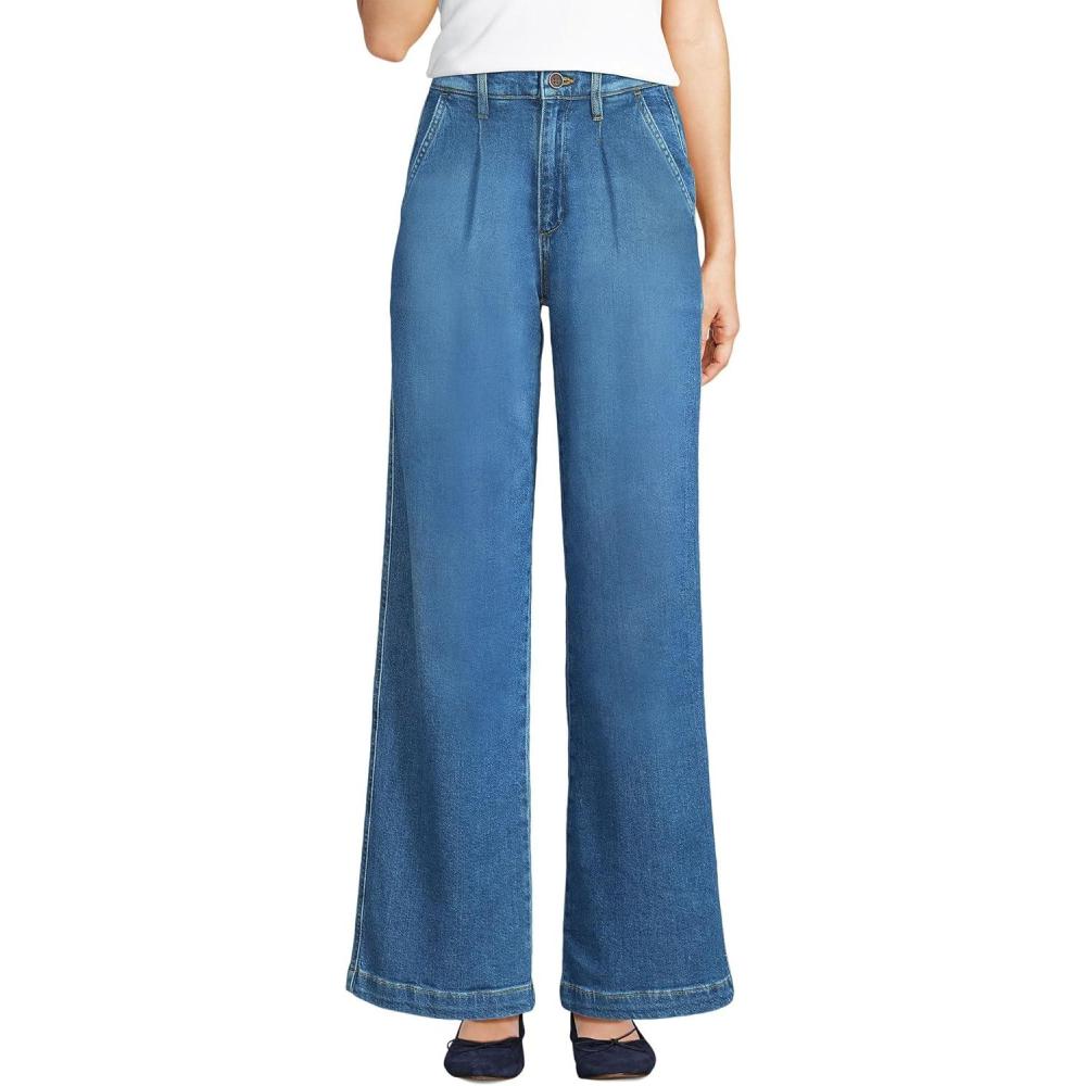 imageLands End Womens High Rise Soft Denim Pleated Wide Leg TrousersIndigo Tide Blue