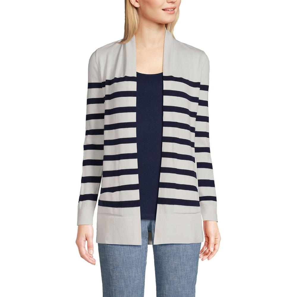 imageLands End Womens Long Sleeve Open Long Cardigan SweaterIvory Placed Stripe