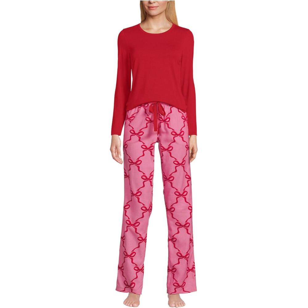 imageLands End Womens Pajama Set Knit Long Sleeve TShirt and Flannel PantsAurora PinkRed Bows