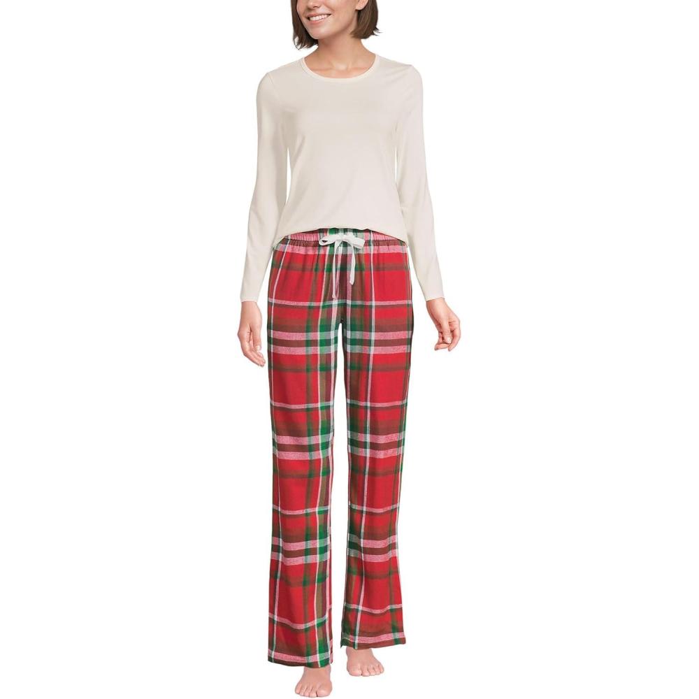 imageLands End Womens Pajama Set Knit Long Sleeve TShirt and Flannel PantsCompass RedEmerald Plaid