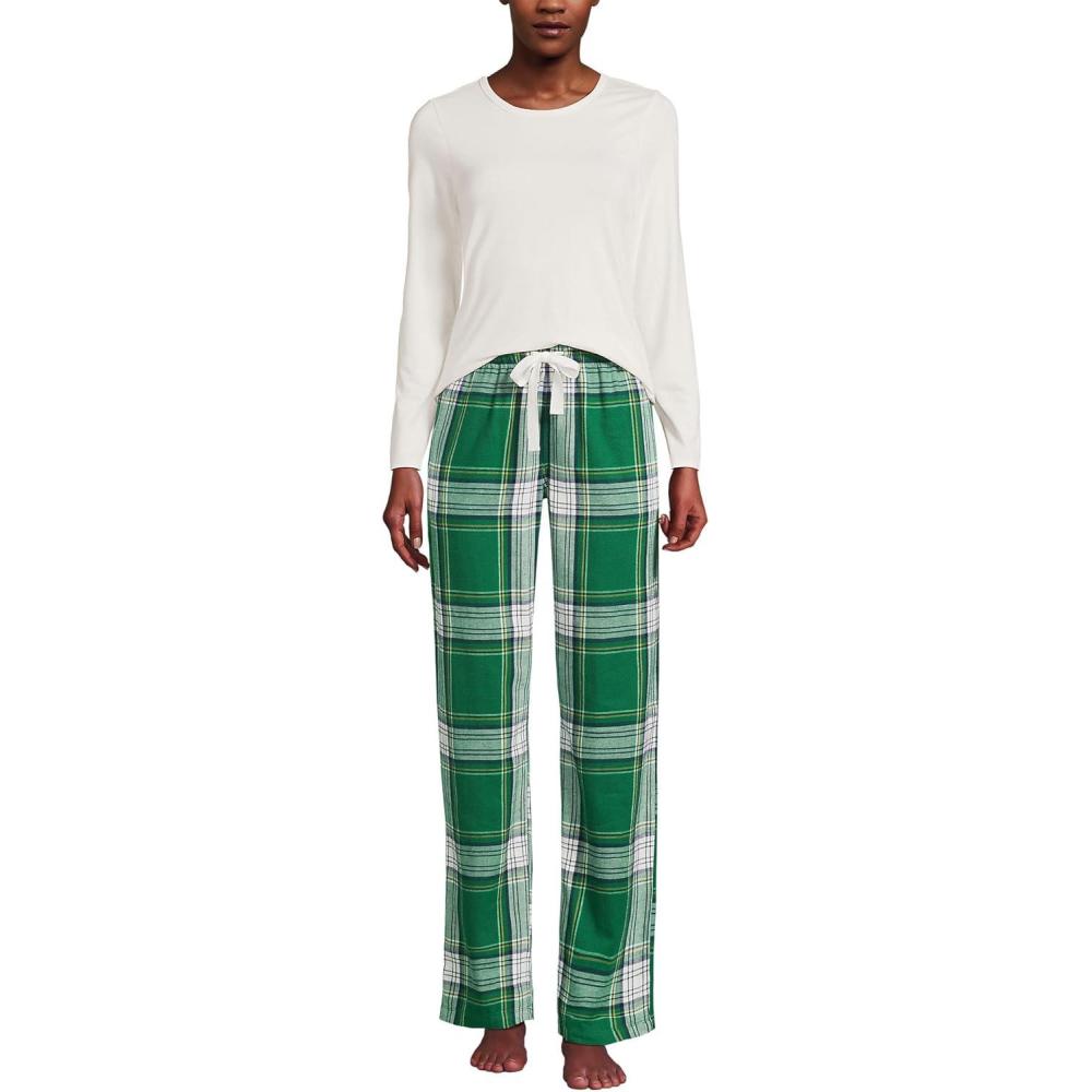 imageLands End Womens Pajama Set Knit Long Sleeve TShirt and Flannel PantsLight Emerald Plaid