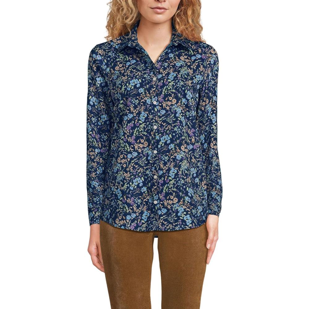 imageLands End Womens Pinwale Cord Long Sleeve ShirtDeep Sea Navy Wildflowers