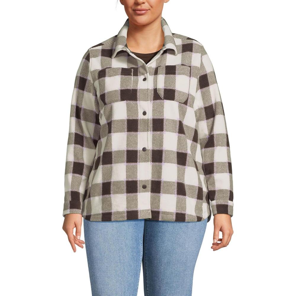 imageLands End Womens Plus Size Print Anyweather Fleece Shirt Jacket 2X LilacRich Coffee Check