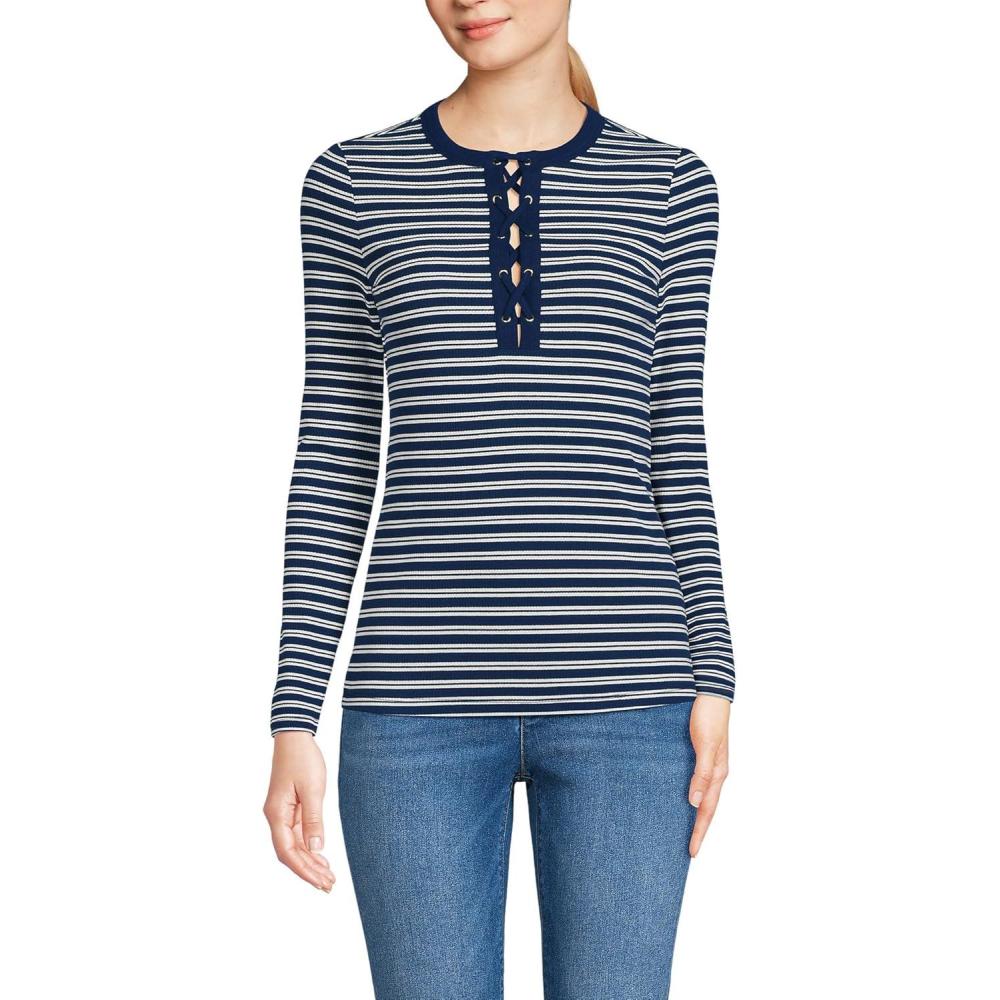 imageLands End Womens Polished Rib Tie Henley TopDeep Sea Navy Dual Stripe