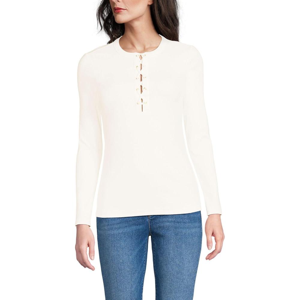 imageLands End Womens Polished Rib Tie Henley TopIvory
