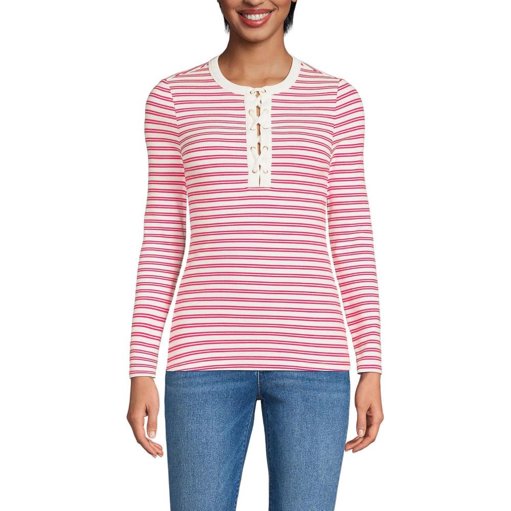 imageLands End Womens Polished Rib Tie Henley TopIvoryBerry Rouge Dual Stripe