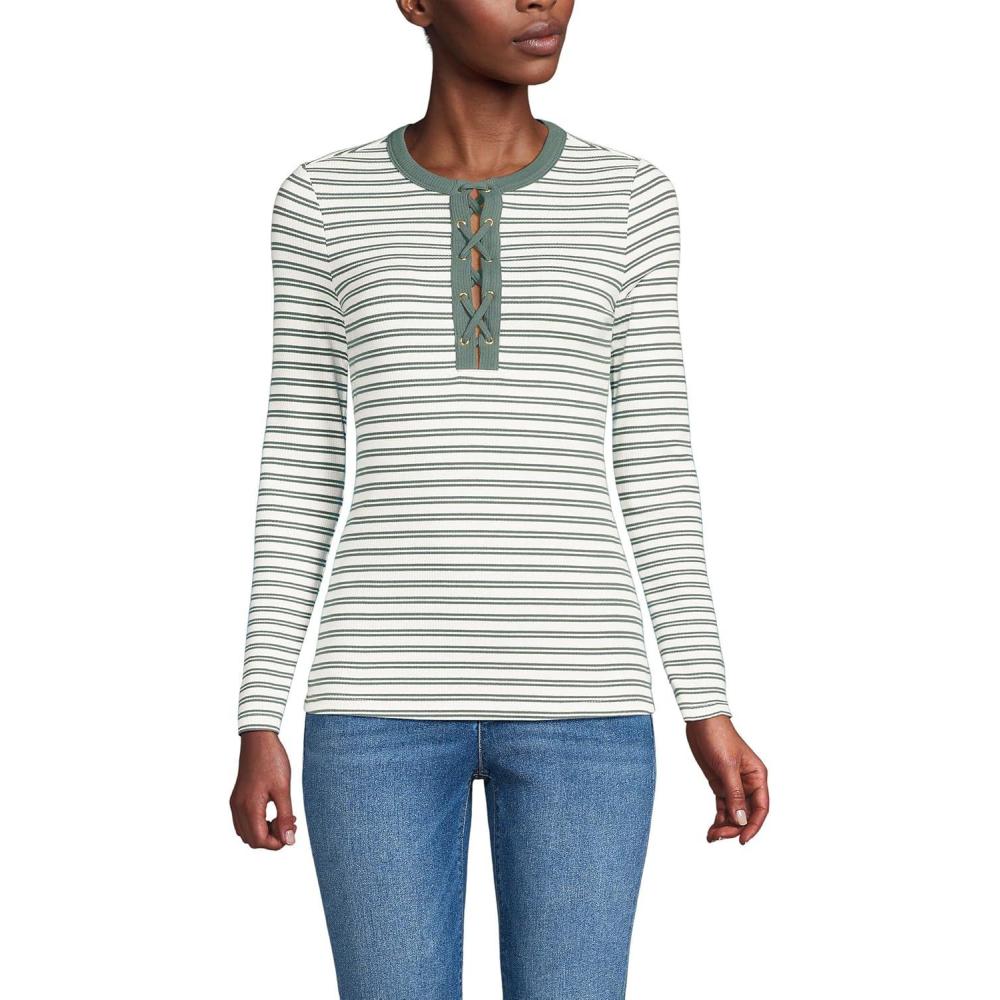 imageLands End Womens Polished Rib Tie Henley TopSpruce Dual Stripe
