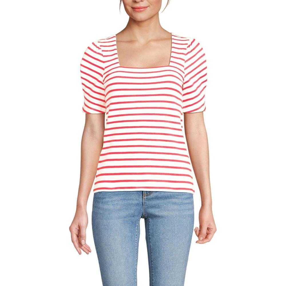 imageLands End Womens Puff Sleeve Mariner Square Neck TopIvoryBerry Breton Stripes