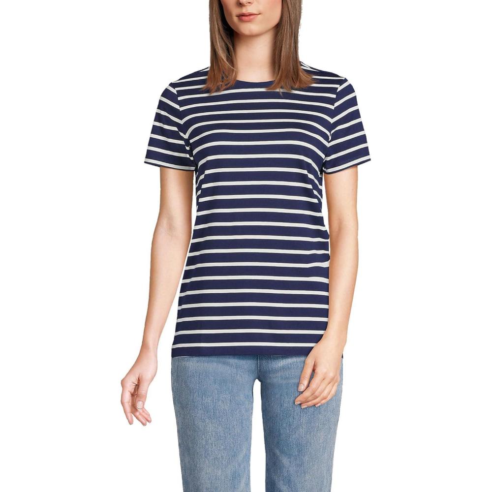 imageLands End Womens Relaxed AmericanGrown Supima Cotton Crew Neck TShirtDeep Sea Navy Breton Stripe