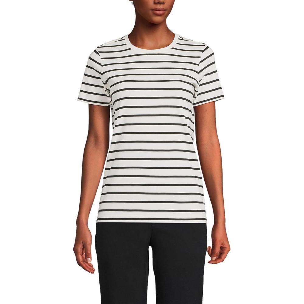 imageLands End Womens Relaxed AmericanGrown Supima Cotton Crew Neck TShirtIvoryBlack Breton Stripe