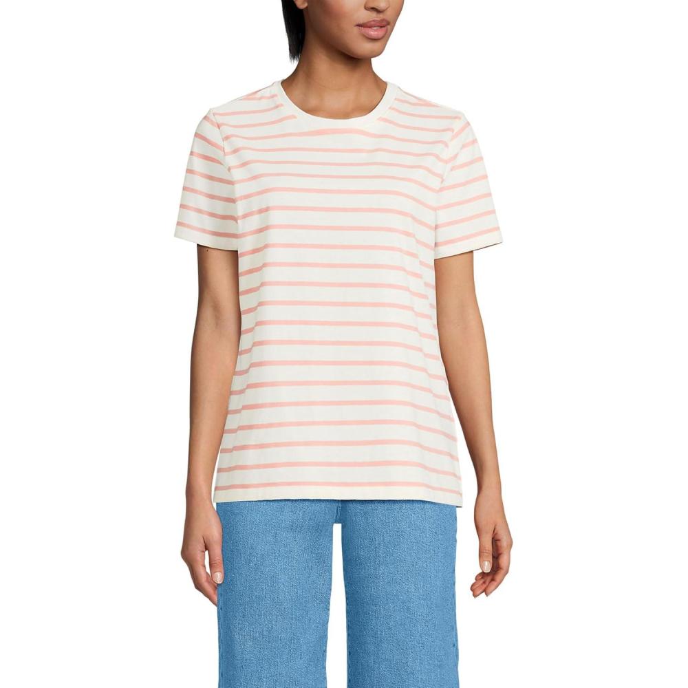 imageLands End Womens Relaxed AmericanGrown Supima Cotton Crew Neck TShirtIvoryPeach Breton Stripe