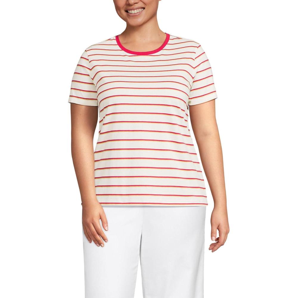 imageLands End Womens Relaxed AmericanGrown Supima Cotton Crew Neck TShirtIvoryPoppy Double Stripe
