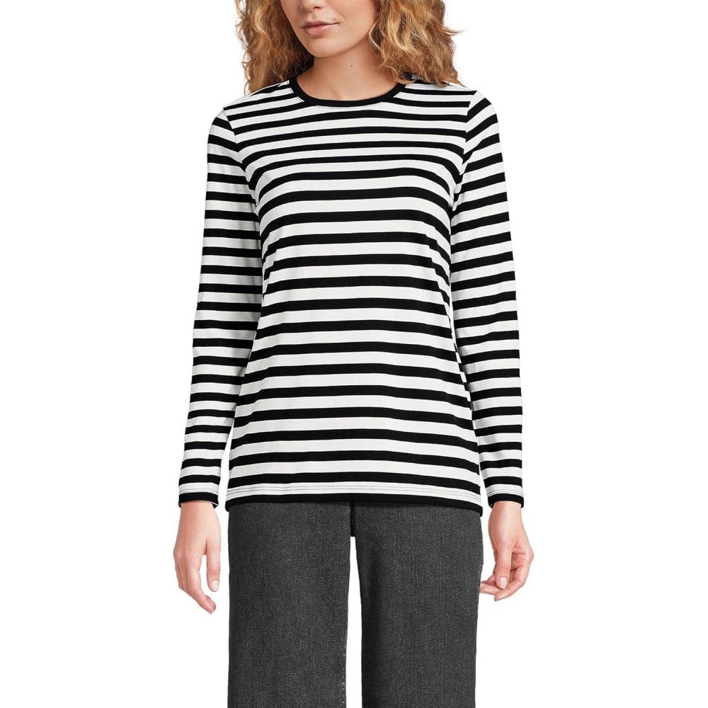 imageLands End Womens Relaxed AmericanGrown Supima Cotton Long Sleeve Crew Neck TShirtBlack Even Stripe