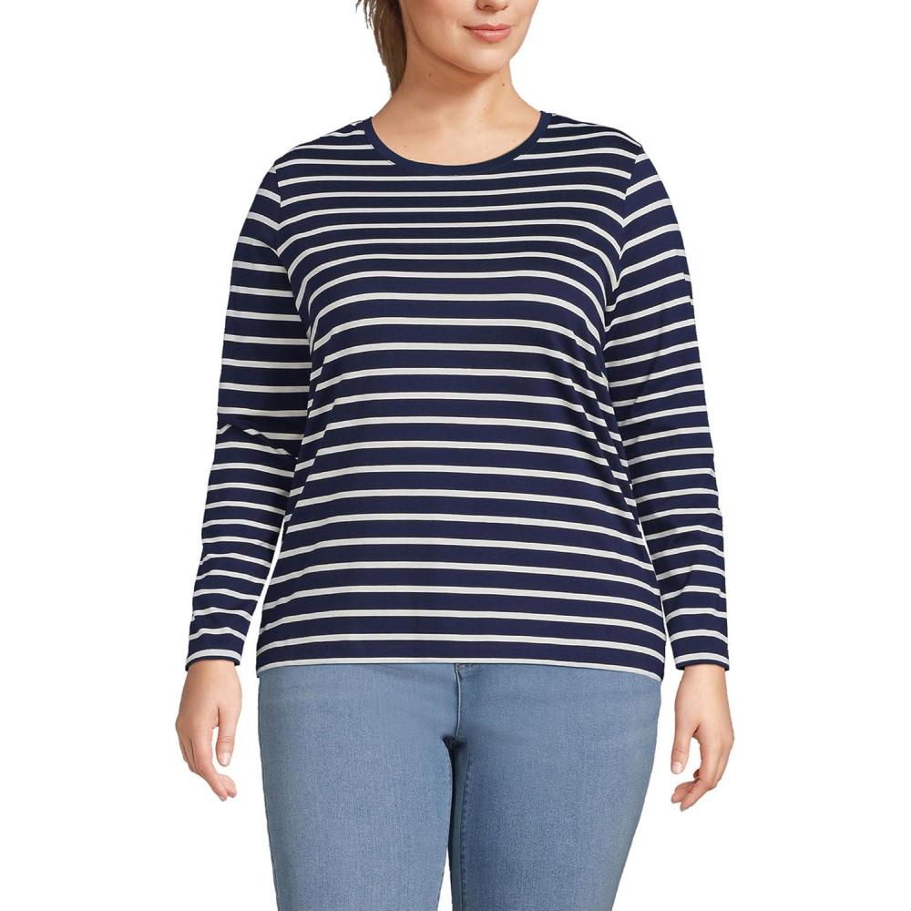 imageLands End Womens Relaxed AmericanGrown Supima Cotton Long Sleeve Crew Neck TShirtDeep Sea Navy Breton Stripe