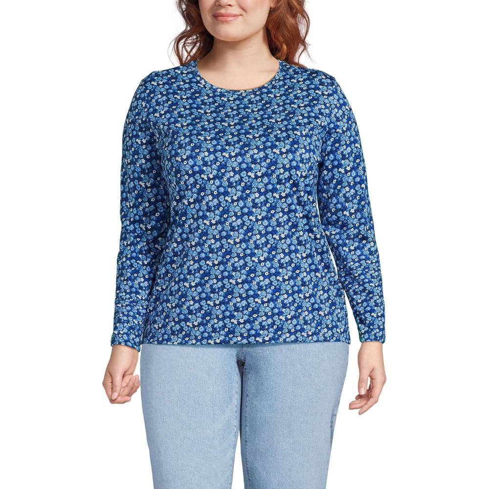 imageLands End Womens Relaxed AmericanGrown Supima Cotton Long Sleeve Crew Neck TShirtDeep SeaBlue Ditsy Floral